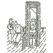 Frau steht aufrecht in einer Guillotine