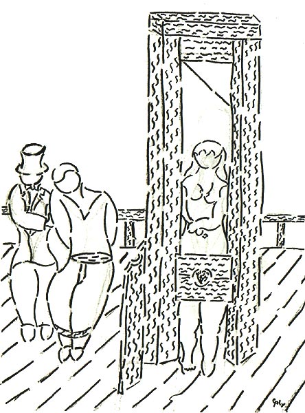 Frau steht aufrecht in einer Guillotine
