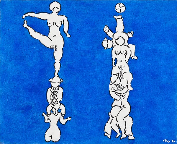 tanzende weiße Figuren auf Blau