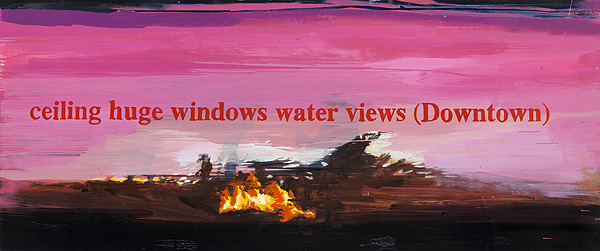 rote Landschaft mit Schriftzug