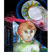 zwei Figuren vor stilierter Sonne und dunklem Himmel