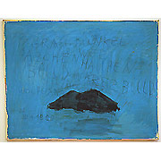 abstrakte Komposition in Blau mit Buchstaben