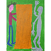 zwei schematisierte Figuren vor Mauer in orange