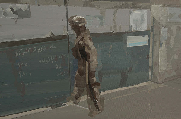 bewaffneter Soldat vor einer Tür