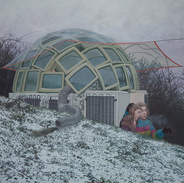 junge Menschen vor einer Art Iglu aus Bildschirmen